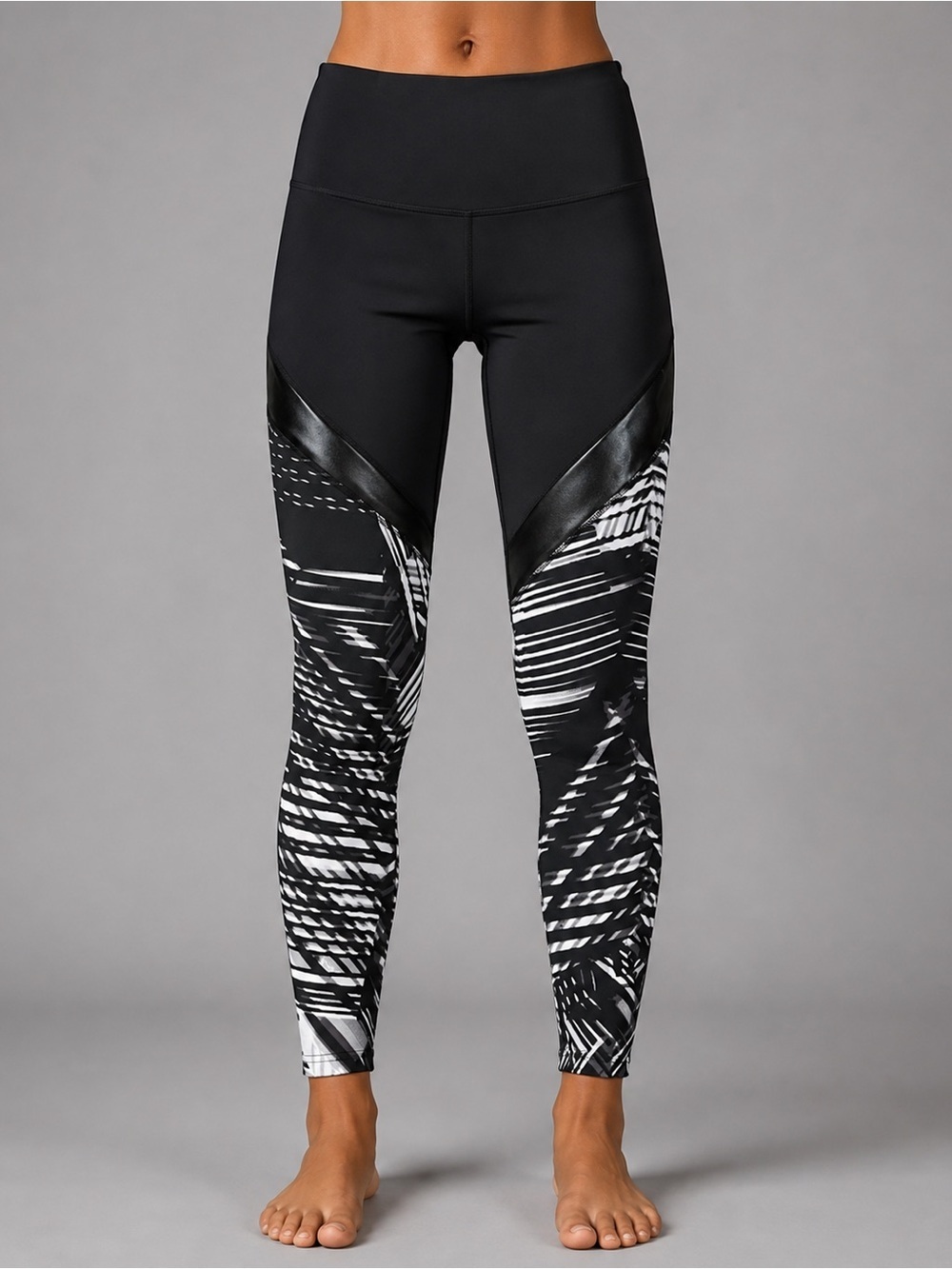 BSP Medium Black & White Print Faux Leather Accent High Waist Capri Yoga Pants